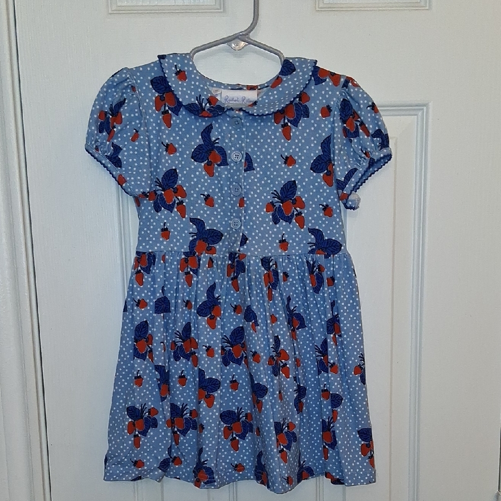 Rachel Riley Blue Polka Dot Kids Dress with Strawberry Floral Design 4Y